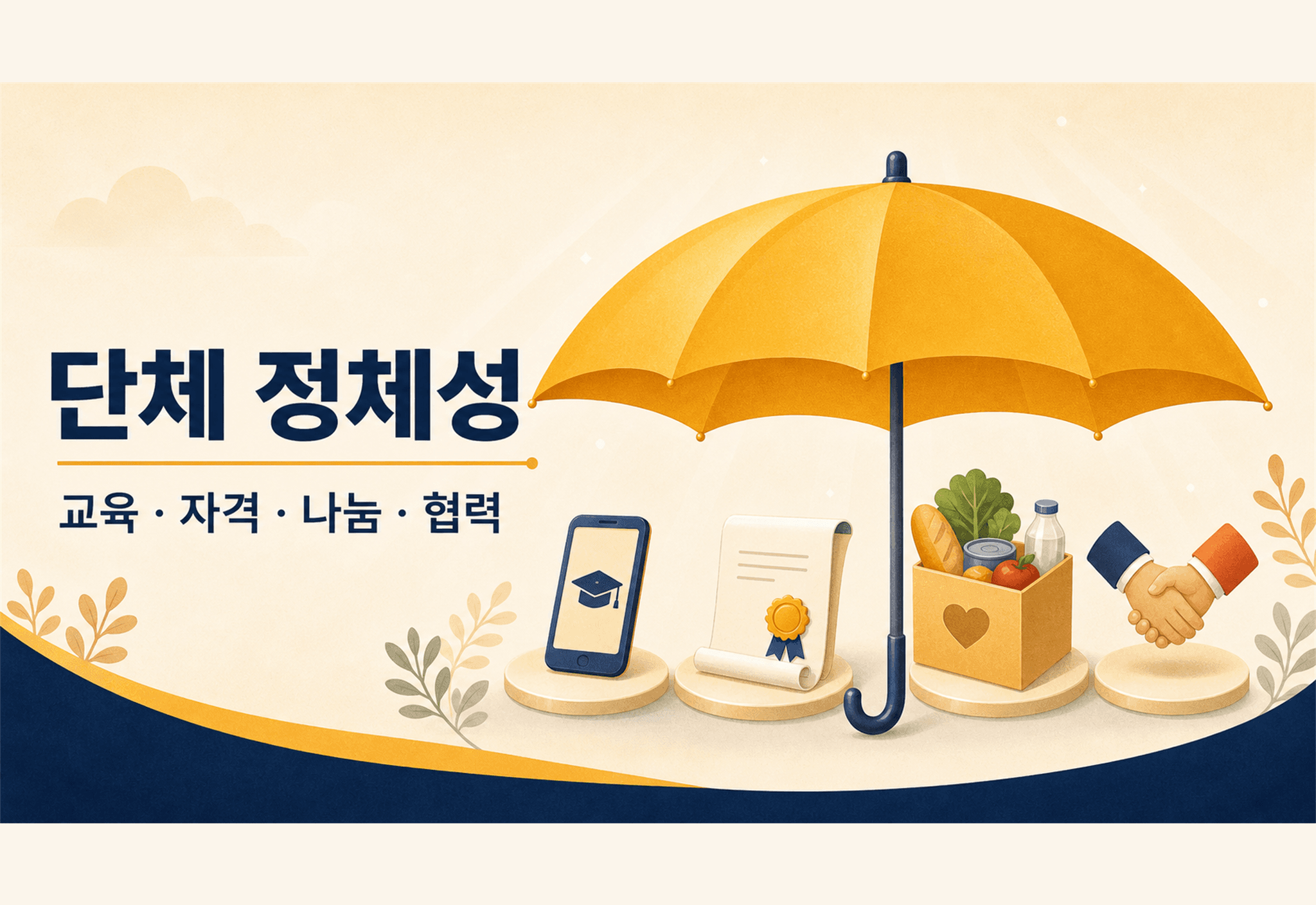 4개 조직을 하나의 우산으로 묶는 단체 정체성 다이어그램